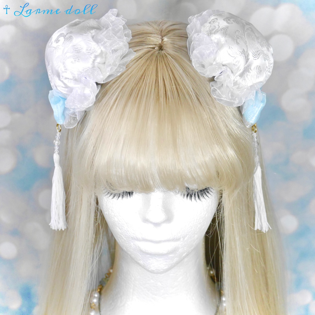 【完成品】【一点物】《☥》タッセル付きチャイナお団子カバー (カラー▷白×水色)