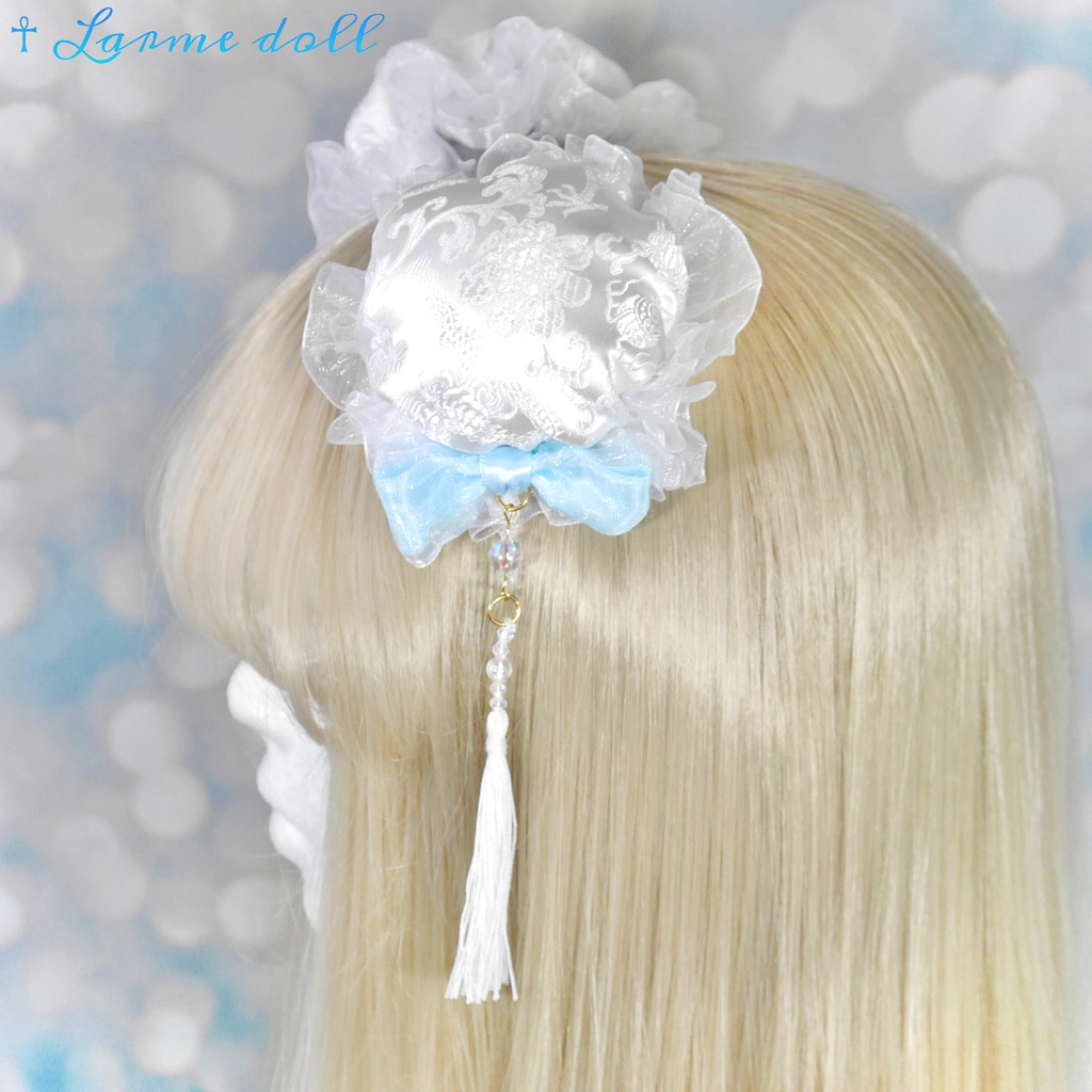 【完成品】【一点物】《☥》タッセル付きチャイナお団子カバー (カラー▷白×水色)