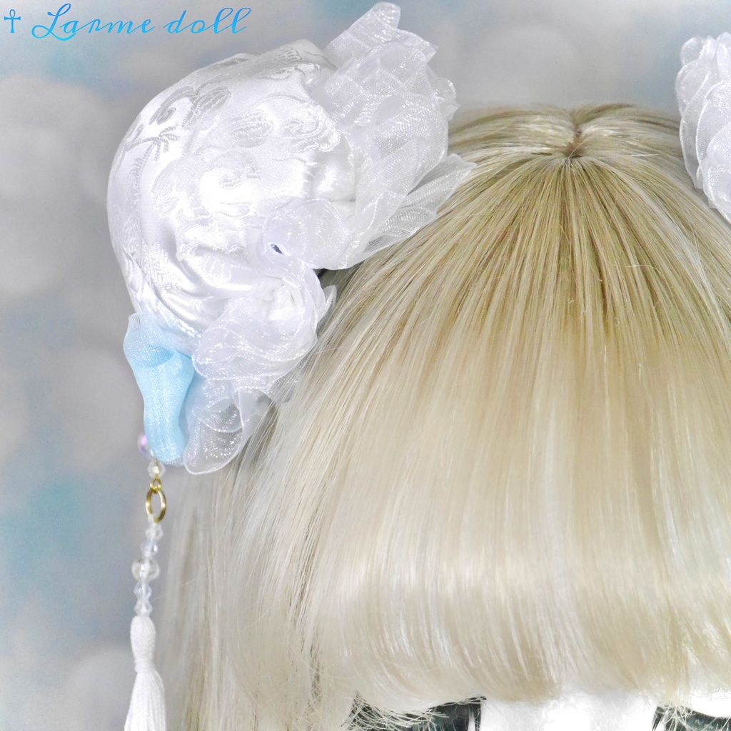 【完成品】【一点物】《☥》タッセル付きチャイナお団子カバー (カラー▷白×水色)