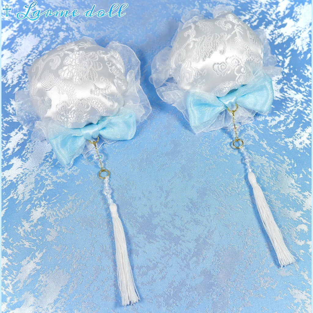 【完成品】【一点物】《☥》タッセル付きチャイナお団子カバー (カラー▷白×水色)