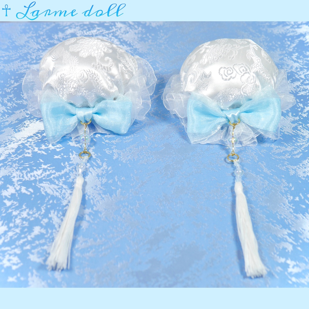 【完成品】【一点物】《☥》タッセル付きチャイナお団子カバー (カラー▷白×水色)