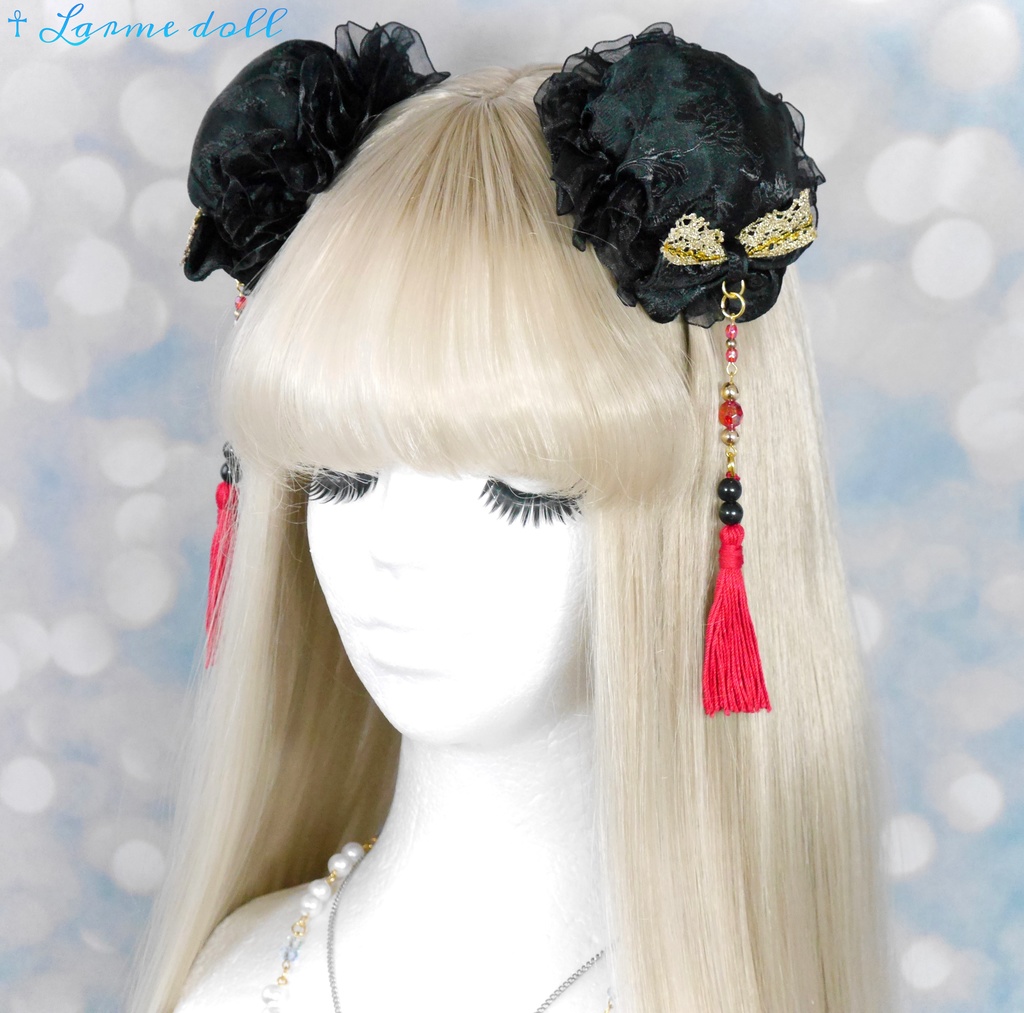 【完成品】【一点物】《☥》タッセル付きチャイナお団子カバー (カラー▷黒×赤×金)