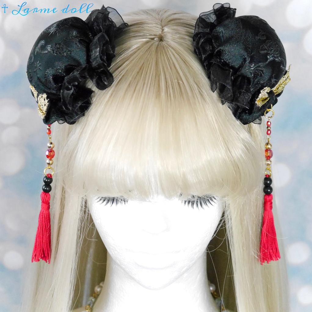 【完成品】【一点物】《☥》タッセル付きチャイナお団子カバー (カラー▷黒×赤×金)