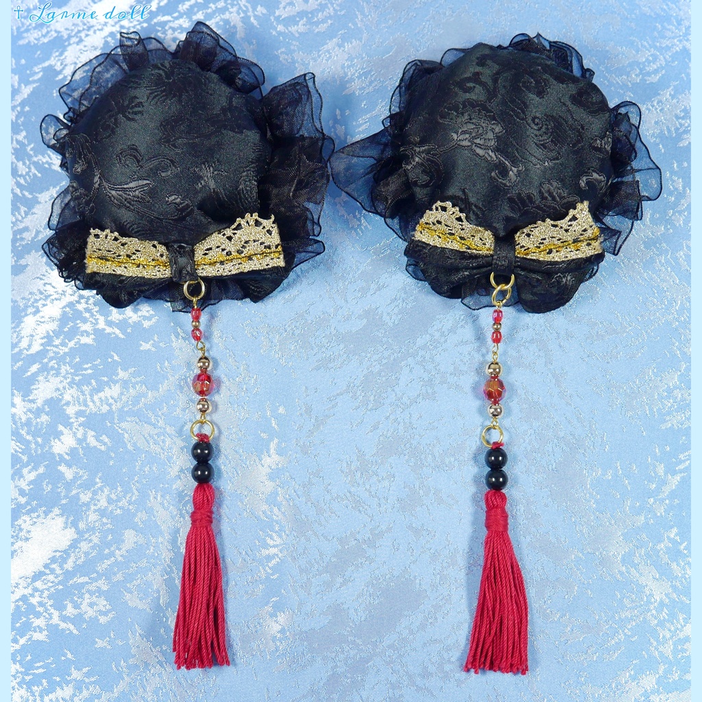 【完成品】【一点物】《☥》タッセル付きチャイナお団子カバー (カラー▷黒×赤×金)