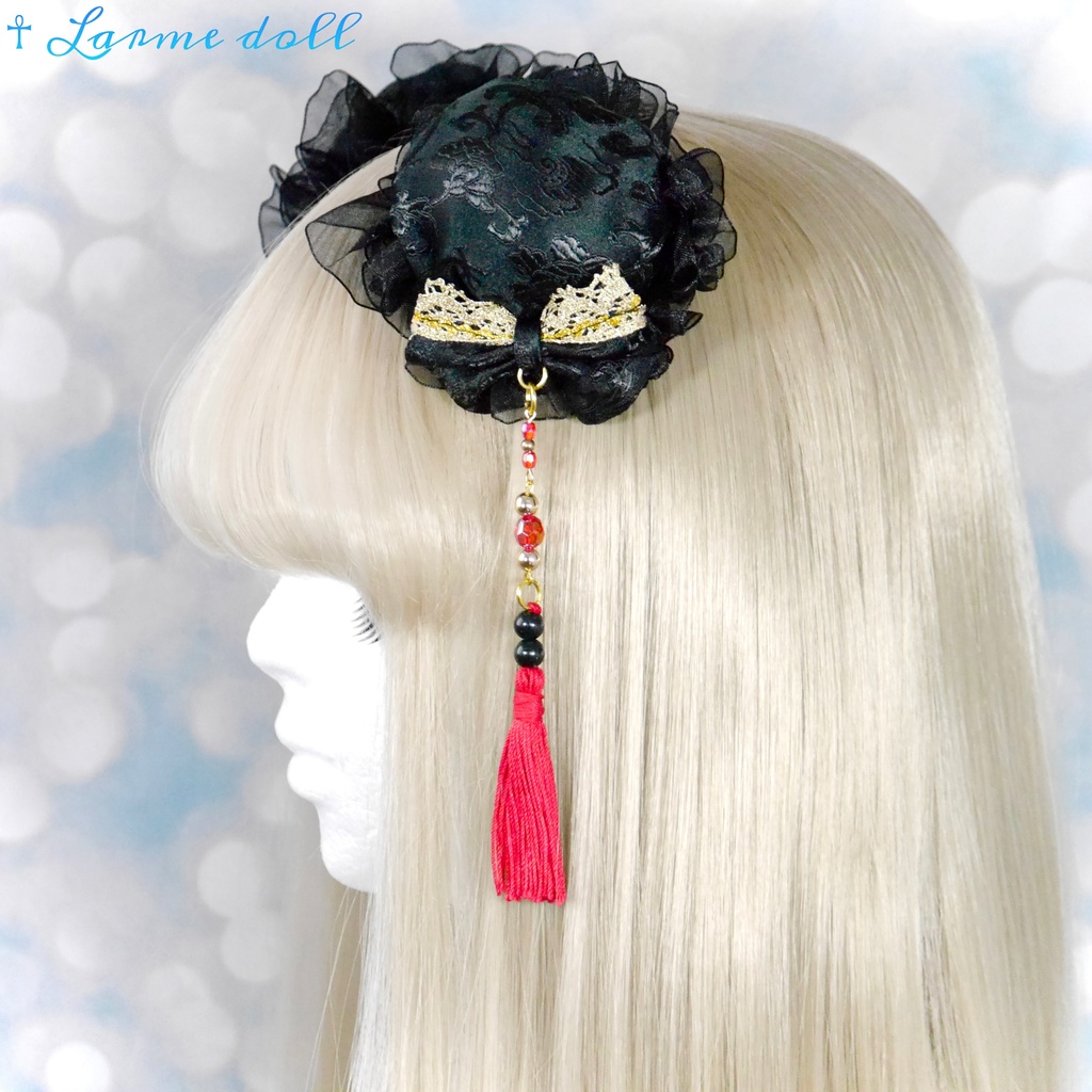 【完成品】【一点物】《☥》タッセル付きチャイナお団子カバー (カラー▷黒×赤×金)