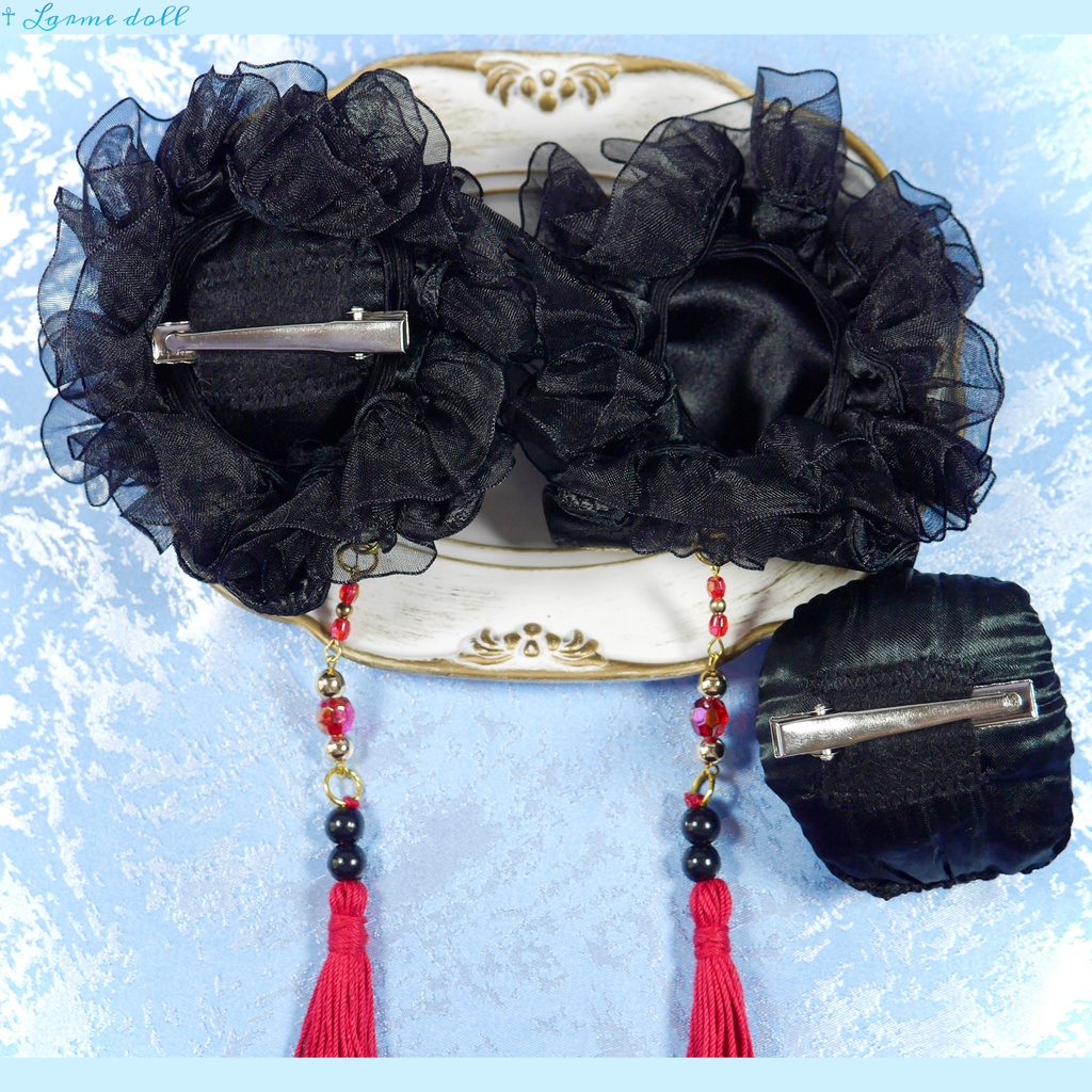 【完成品】【一点物】《☥》タッセル付きチャイナお団子カバー (カラー▷黒×赤×金)