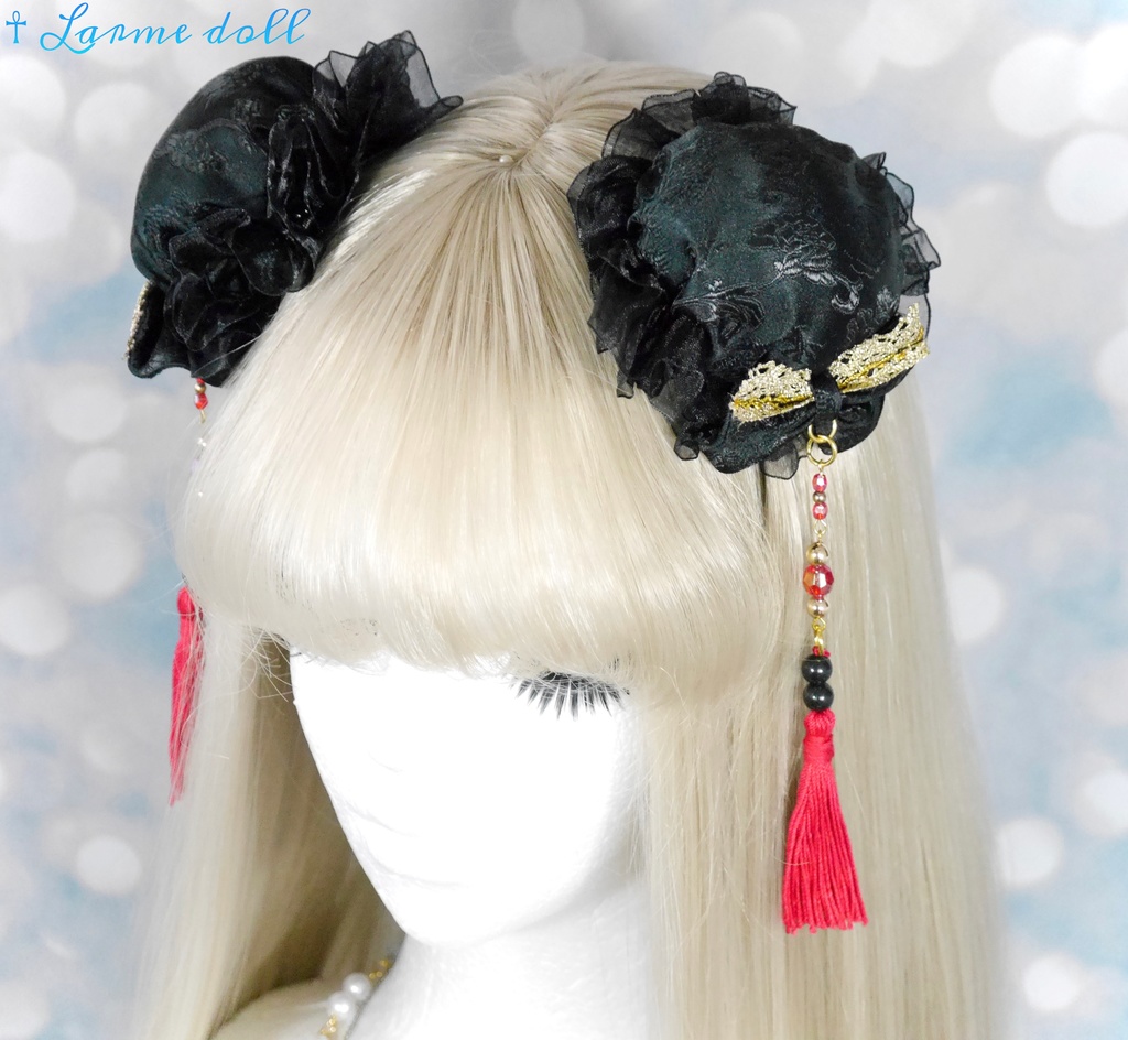 【完成品】【一点物】《☥》タッセル付きチャイナお団子カバー (カラー▷黒×赤×金)