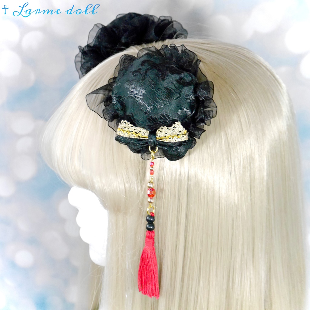 【完成品】【一点物】《☥》タッセル付きチャイナお団子カバー (カラー▷黒×赤×金)