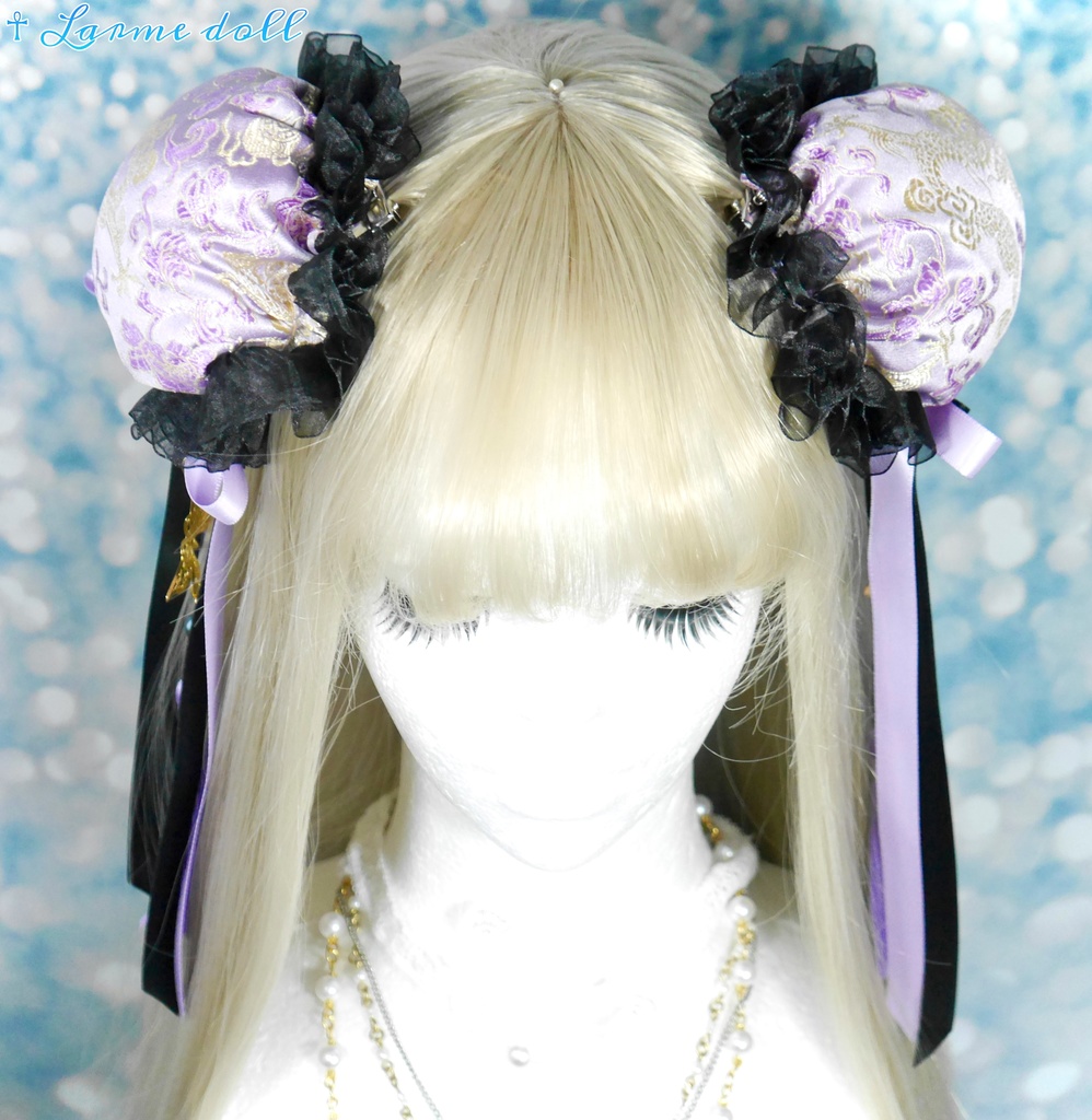 【受注生産】《☥》ダブルリボンタッセル付きお団子カバー カラー▷紫×黒(接合パーツ、蝶チャームゴールドカラーver.)