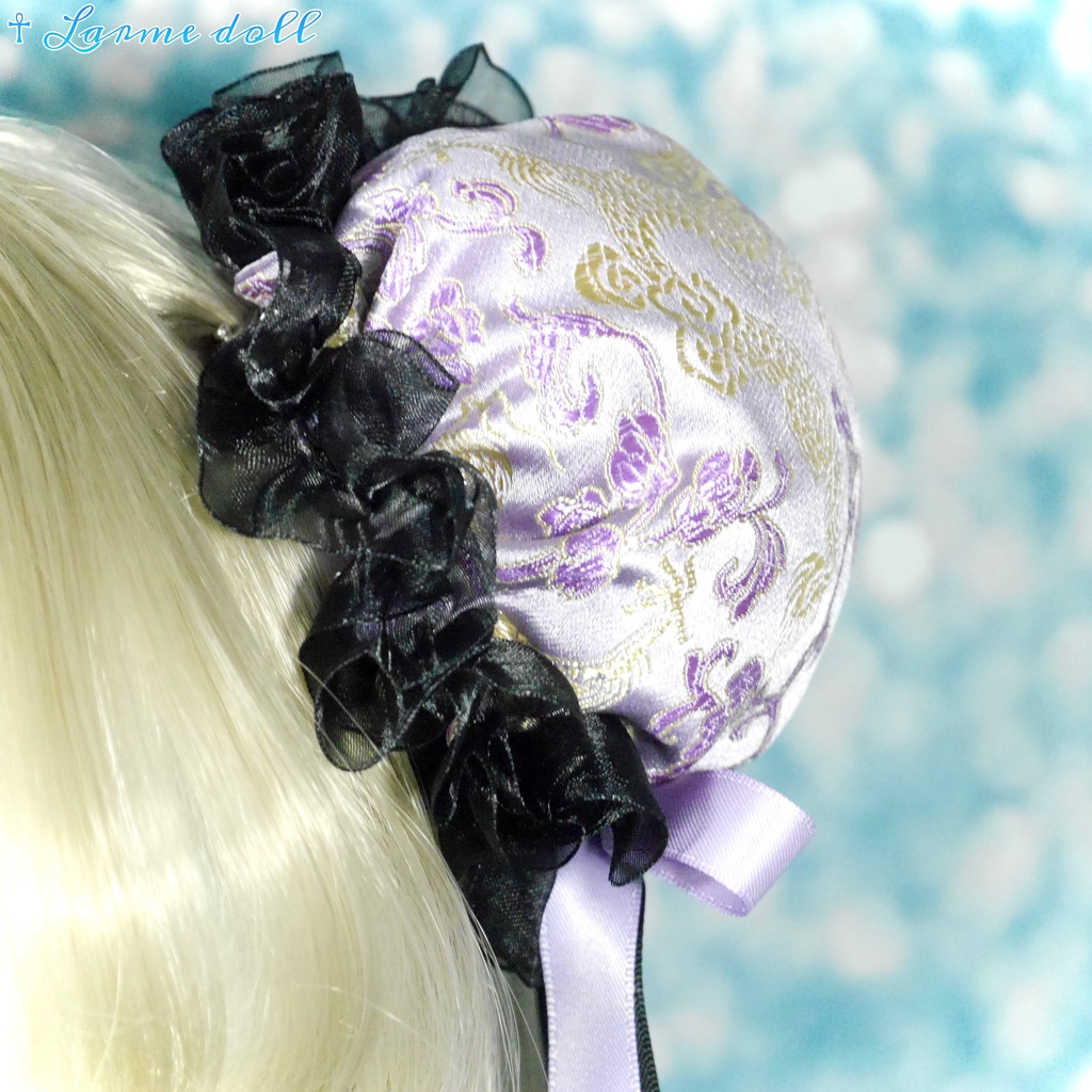 【受注生産】《☥》ダブルリボンタッセル付きお団子カバー カラー▷紫×黒(接合パーツ、蝶チャームゴールドカラーver.)