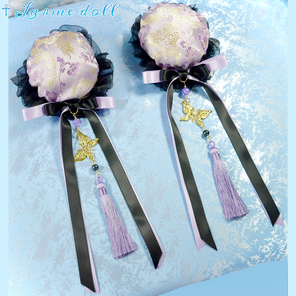 【受注生産】《☥》ダブルリボンタッセル付きお団子カバー カラー▷紫×黒(接合パーツ、蝶チャームゴールドカラーver.)