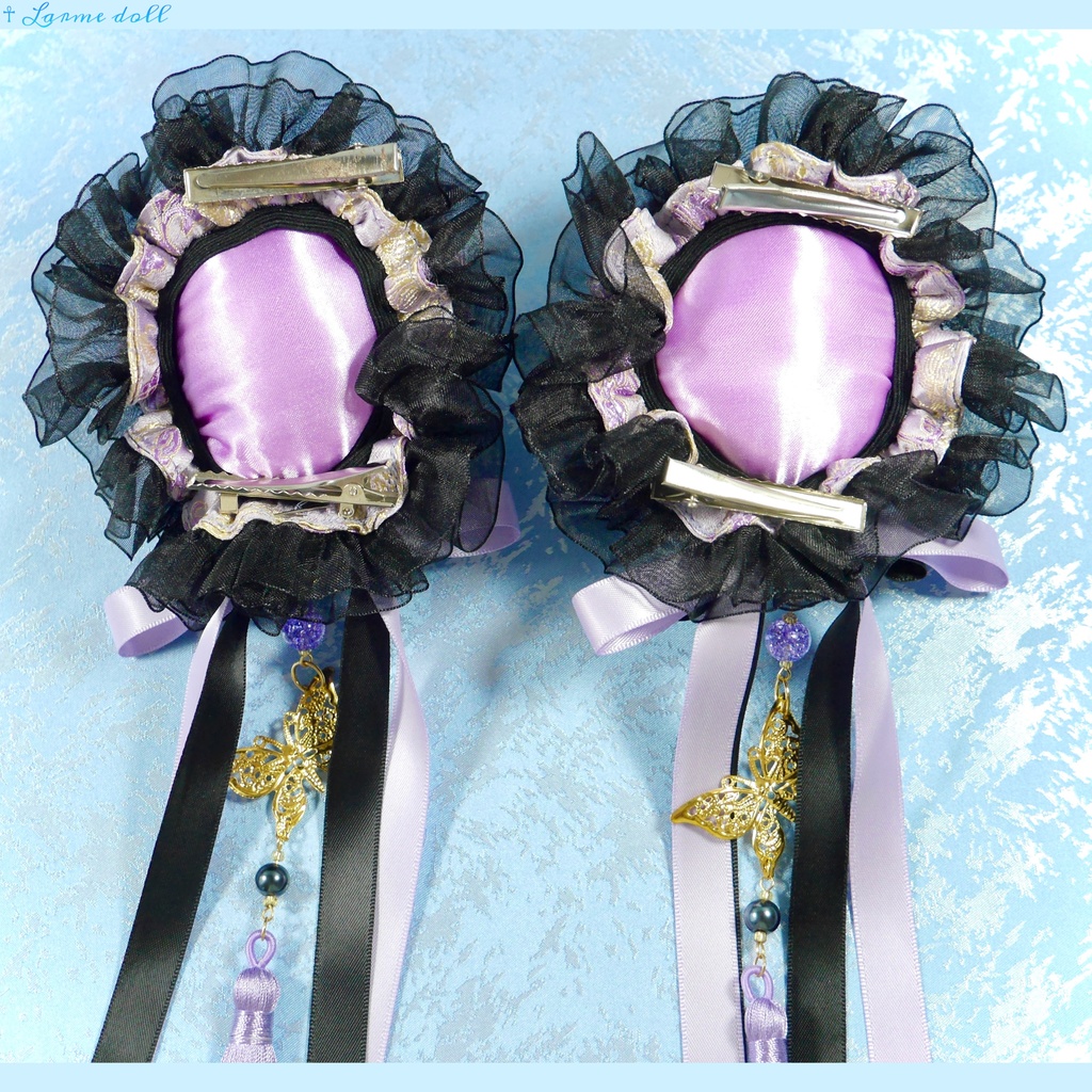 【受注生産】《☥》ダブルリボンタッセル付きお団子カバー カラー▷紫×黒(接合パーツ、蝶チャームゴールドカラーver.)