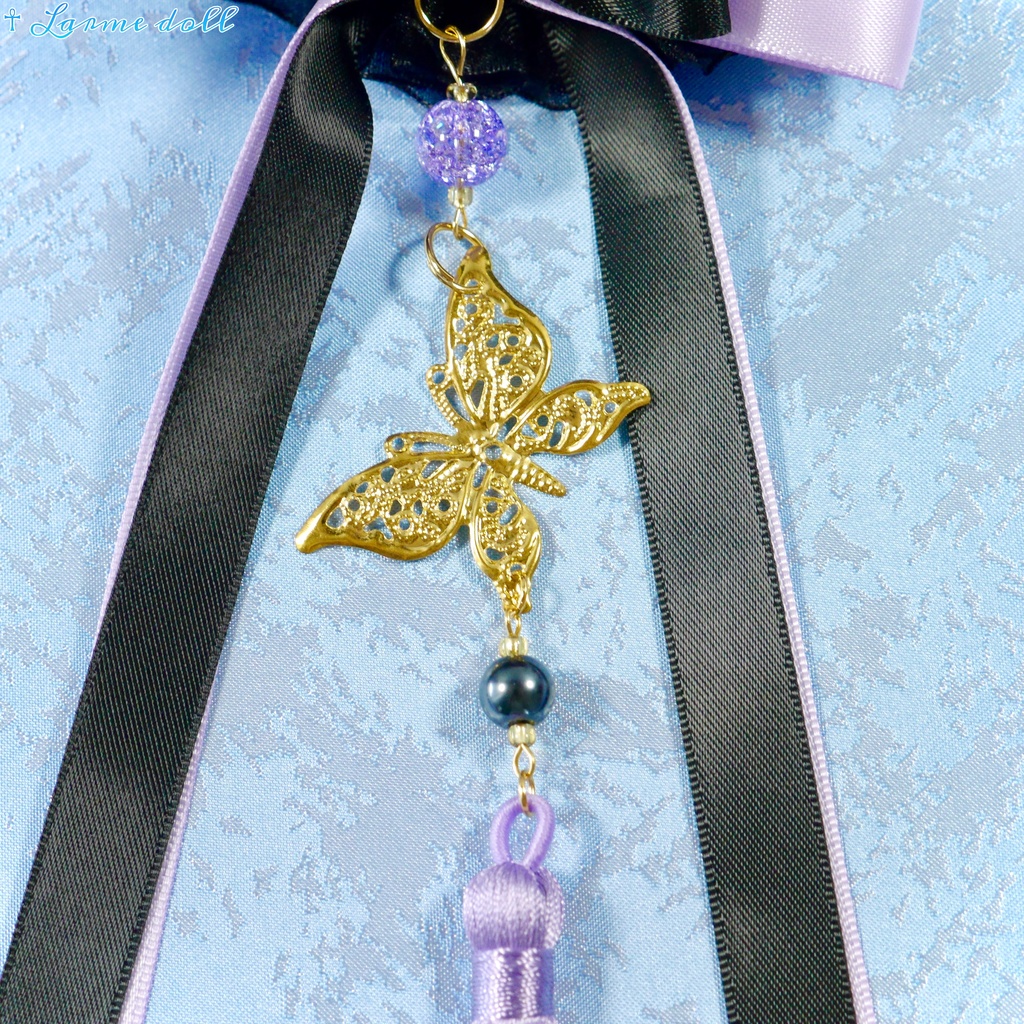 【受注生産】《☥》ダブルリボンタッセル付きお団子カバー カラー▷紫×黒(接合パーツ、蝶チャームゴールドカラーver.)