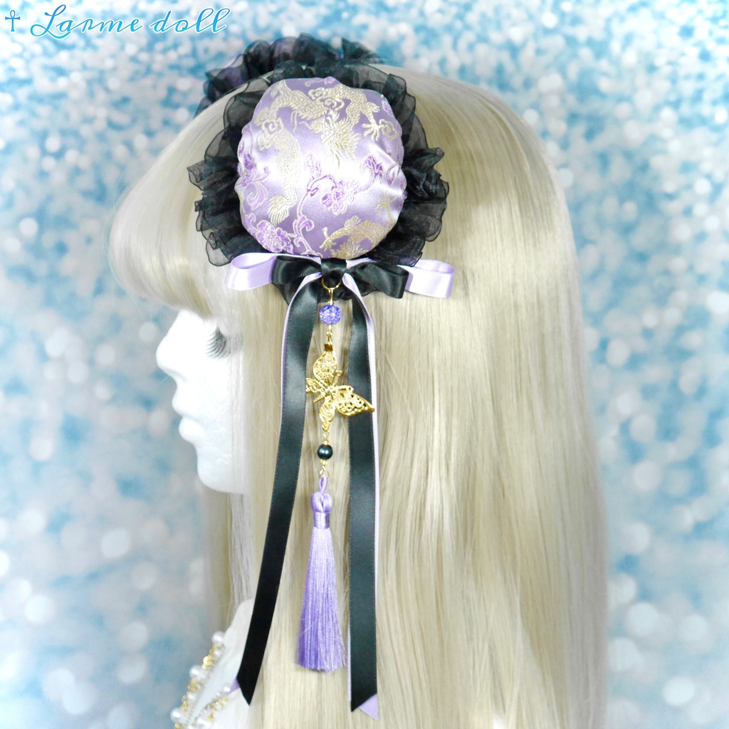 【受注生産】《☥》ダブルリボンタッセル付きお団子カバー カラー▷紫×黒(接合パーツ、蝶チャームゴールドカラーver.)