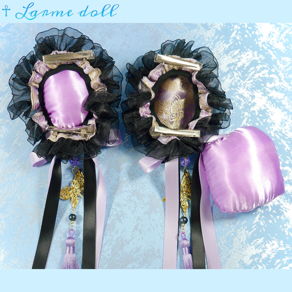 【受注生産】《☥》ダブルリボンタッセル付きお団子カバー カラー▷紫×黒(接合パーツ、蝶チャームゴールドカラーver.)