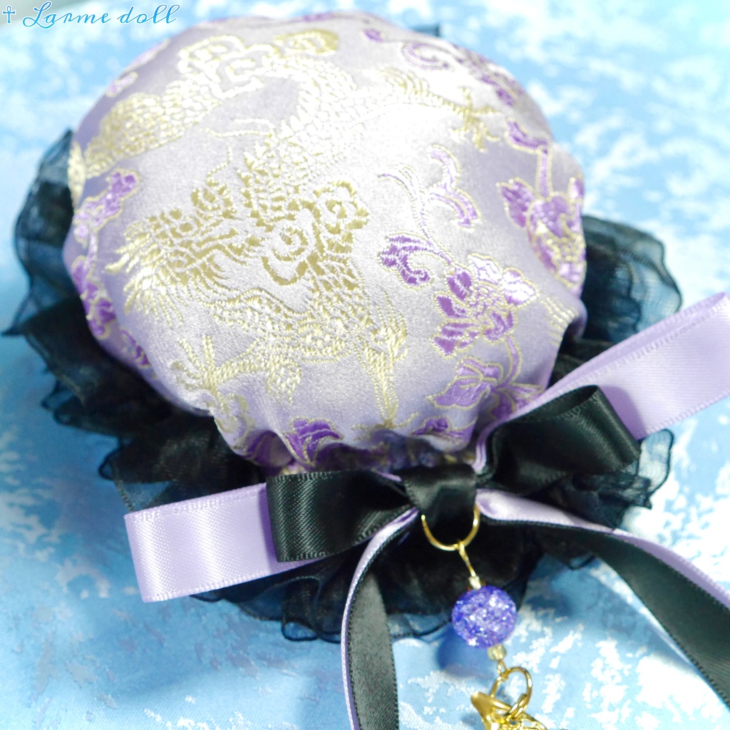 【受注生産】《☥》ダブルリボンタッセル付きお団子カバー カラー▷紫×黒(接合パーツ、蝶チャームゴールドカラーver.)