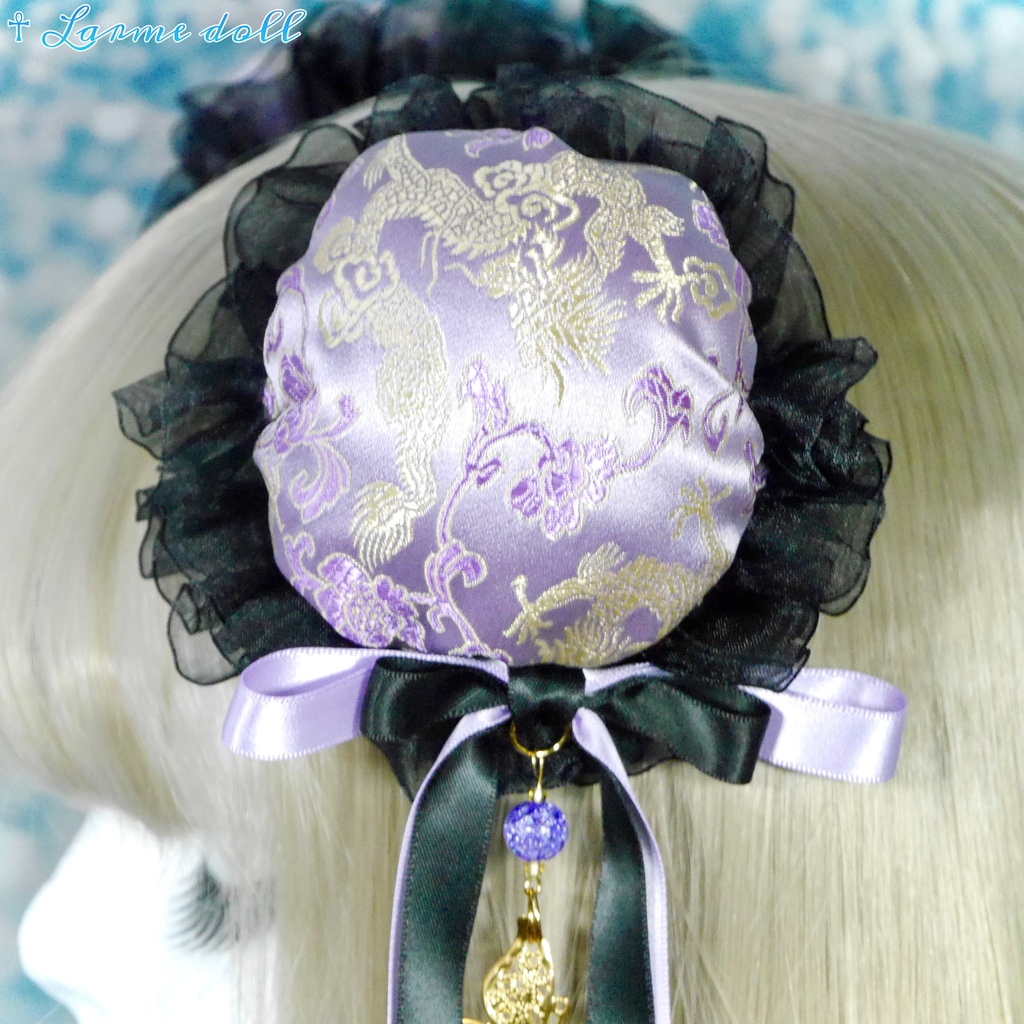 【受注生産】《☥》ダブルリボンタッセル付きお団子カバー カラー▷紫×黒(接合パーツ、蝶チャームゴールドカラーver.)