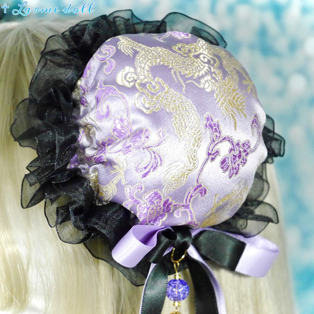 【受注生産】《☥》ダブルリボンタッセル付きお団子カバー カラー▷紫×黒(接合パーツ、蝶チャームゴールドカラーver.)