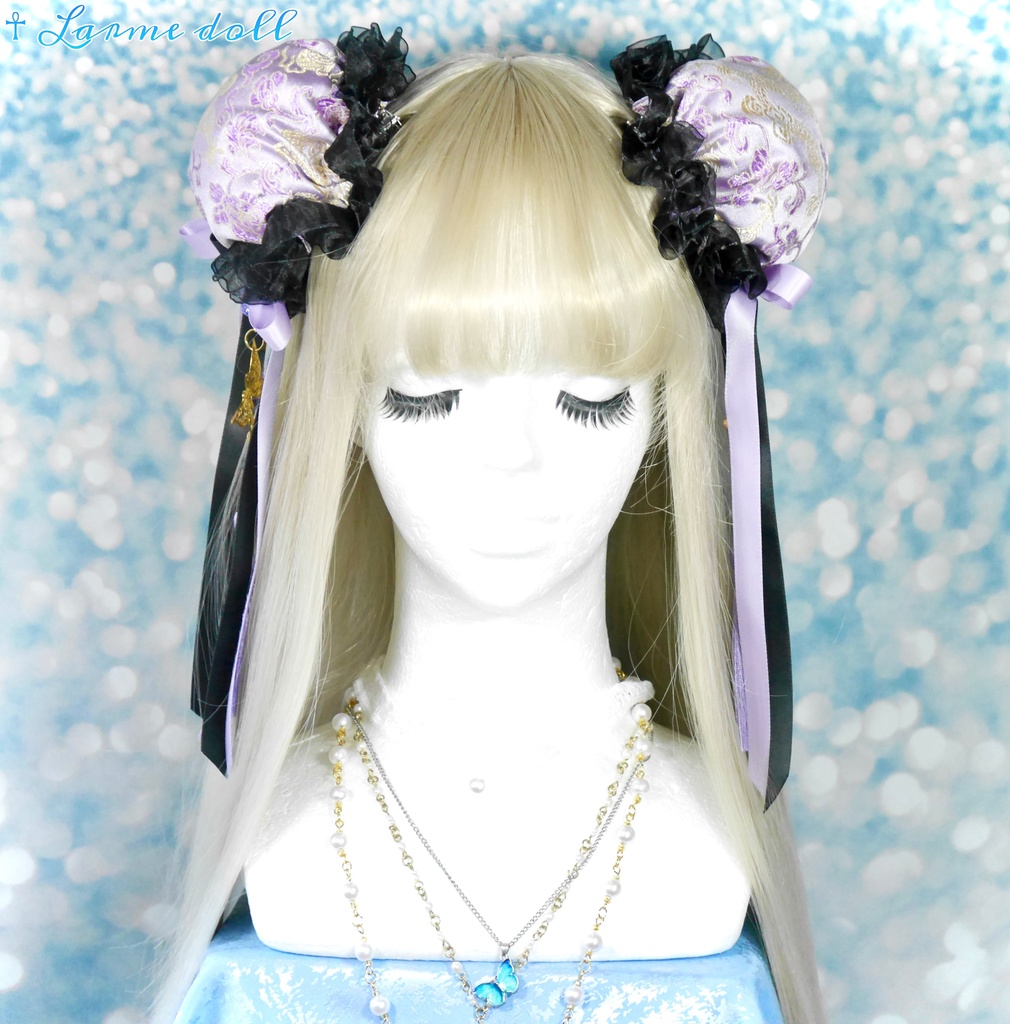 【受注生産】《☥》ダブルリボンタッセル付きお団子カバー カラー▷紫×黒(接合パーツ、蝶チャームゴールドカラーver.)