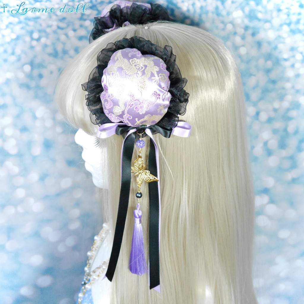 【受注生産】《☥》ダブルリボンタッセル付きお団子カバー カラー▷紫×黒(接合パーツ、蝶チャームゴールドカラーver.)