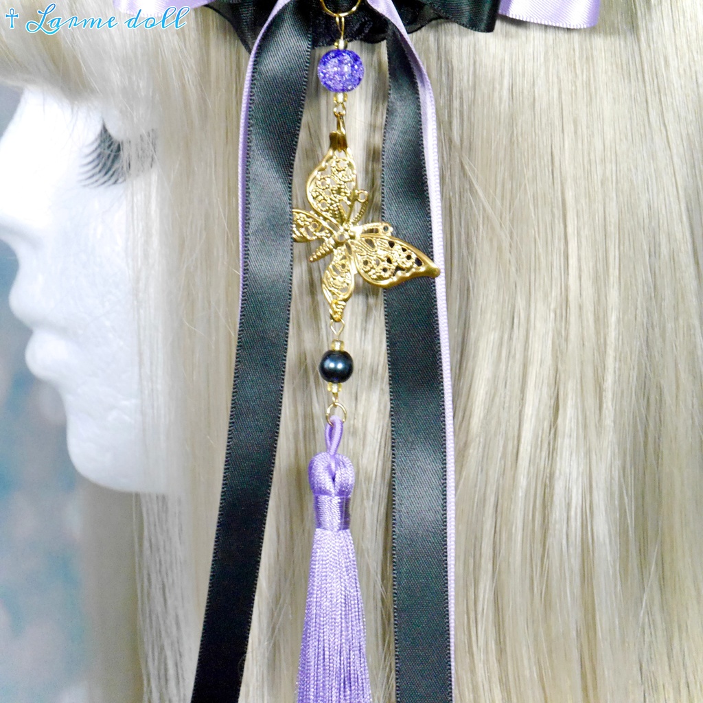 【受注生産】《☥》ダブルリボンタッセル付きお団子カバー カラー▷紫×黒(接合パーツ、蝶チャームゴールドカラーver.)