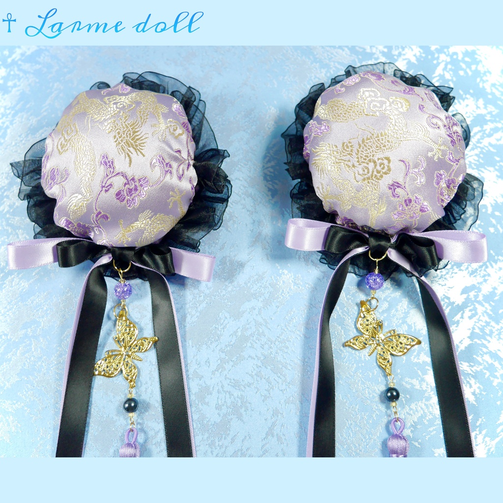 【受注生産】《☥》ダブルリボンタッセル付きお団子カバー カラー▷紫×黒(接合パーツ、蝶チャームゴールドカラーver.)