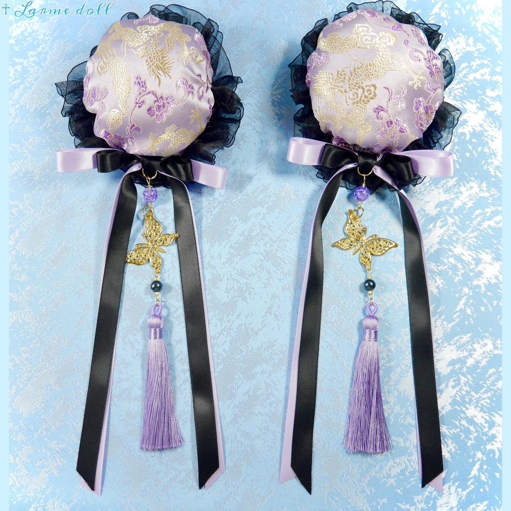 【受注生産】《☥》ダブルリボンタッセル付きお団子カバー カラー▷紫×黒(接合パーツ、蝶チャームゴールドカラーver.)