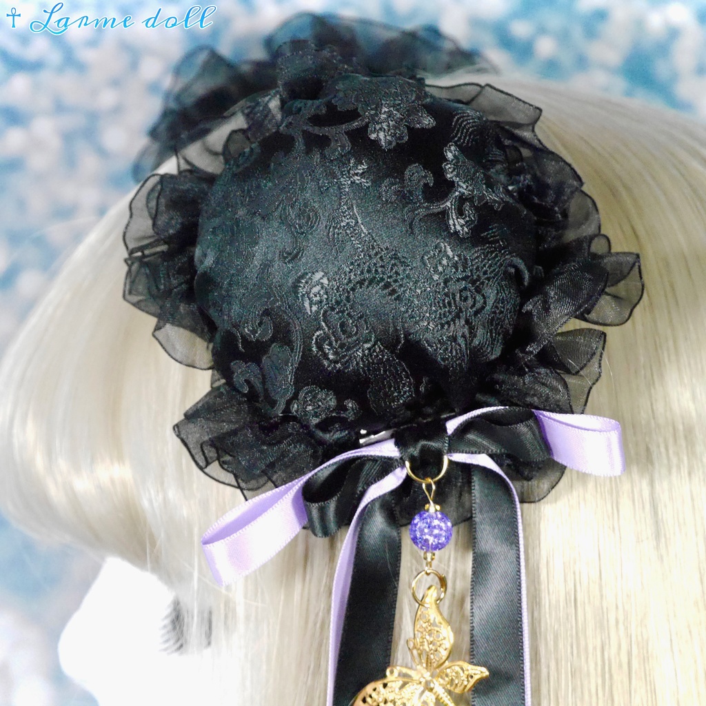 【受注生産】《☥》ダブルリボンタッセル付きお団子カバー カラー▷黒×紫(接合パーツ、蝶チャームゴールドカラーver.)
