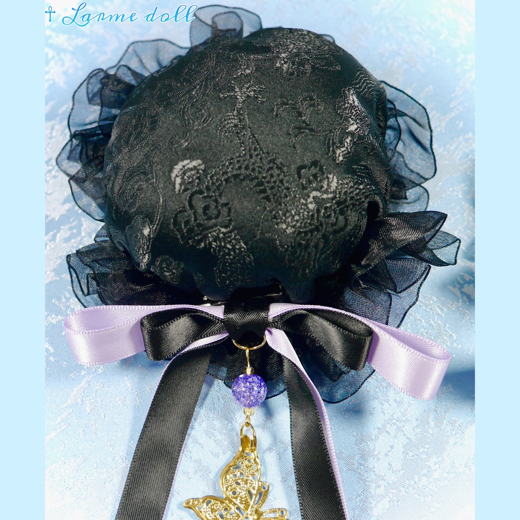 【受注生産】《☥》ダブルリボンタッセル付きお団子カバー カラー▷黒×紫(接合パーツ、蝶チャームゴールドカラーver.)