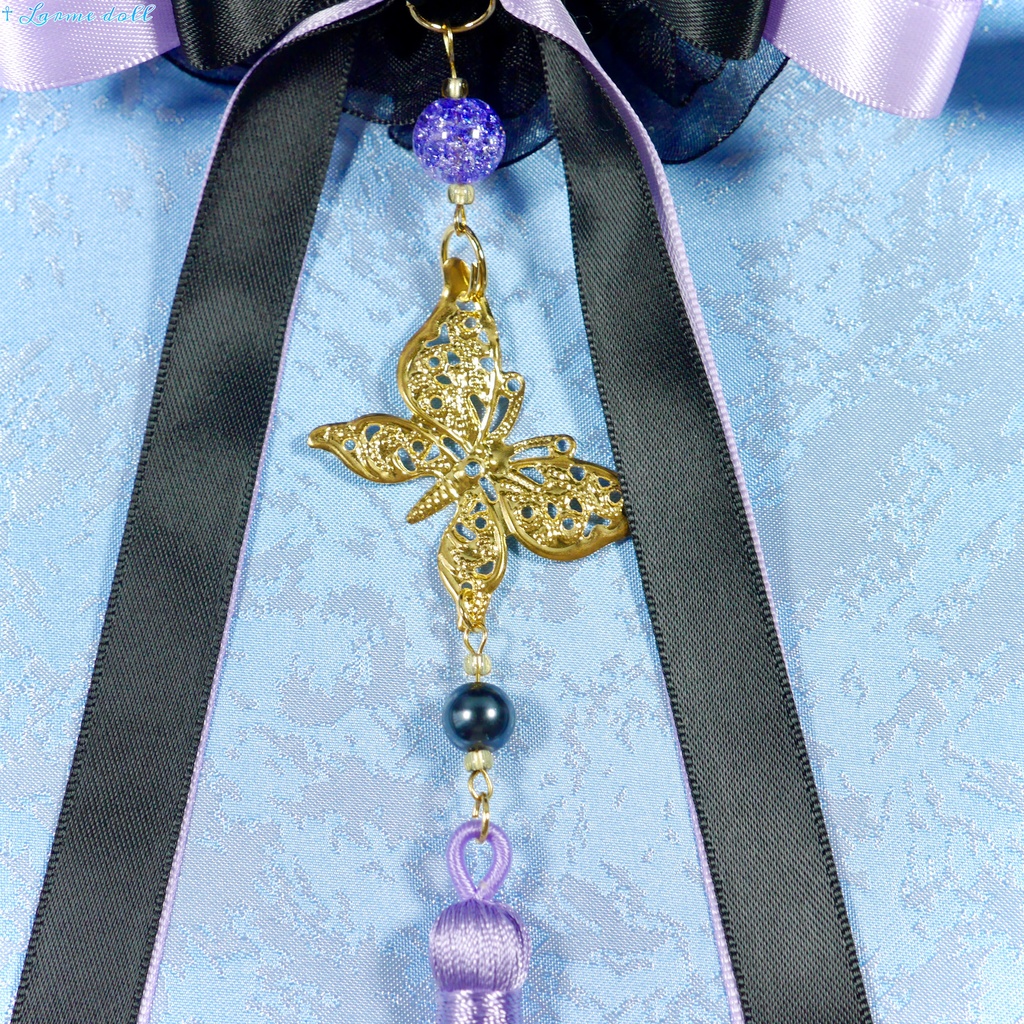 【受注生産】《☥》ダブルリボンタッセル付きお団子カバー カラー▷黒×紫(接合パーツ、蝶チャームゴールドカラーver.)