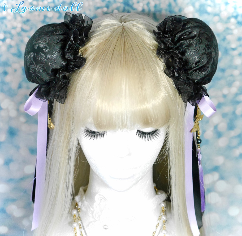 【受注生産】《☥》ダブルリボンタッセル付きお団子カバー カラー▷黒×紫(接合パーツ、蝶チャームゴールドカラーver.)