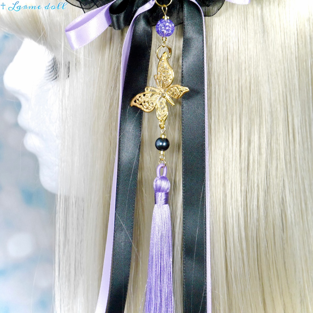 【受注生産】《☥》ダブルリボンタッセル付きお団子カバー カラー▷黒×紫(接合パーツ、蝶チャームゴールドカラーver.)