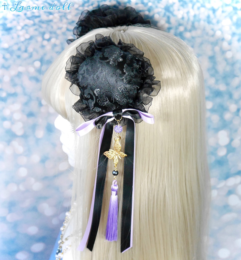 【受注生産】《☥》ダブルリボンタッセル付きお団子カバー カラー▷黒×紫(接合パーツ、蝶チャームゴールドカラーver.)