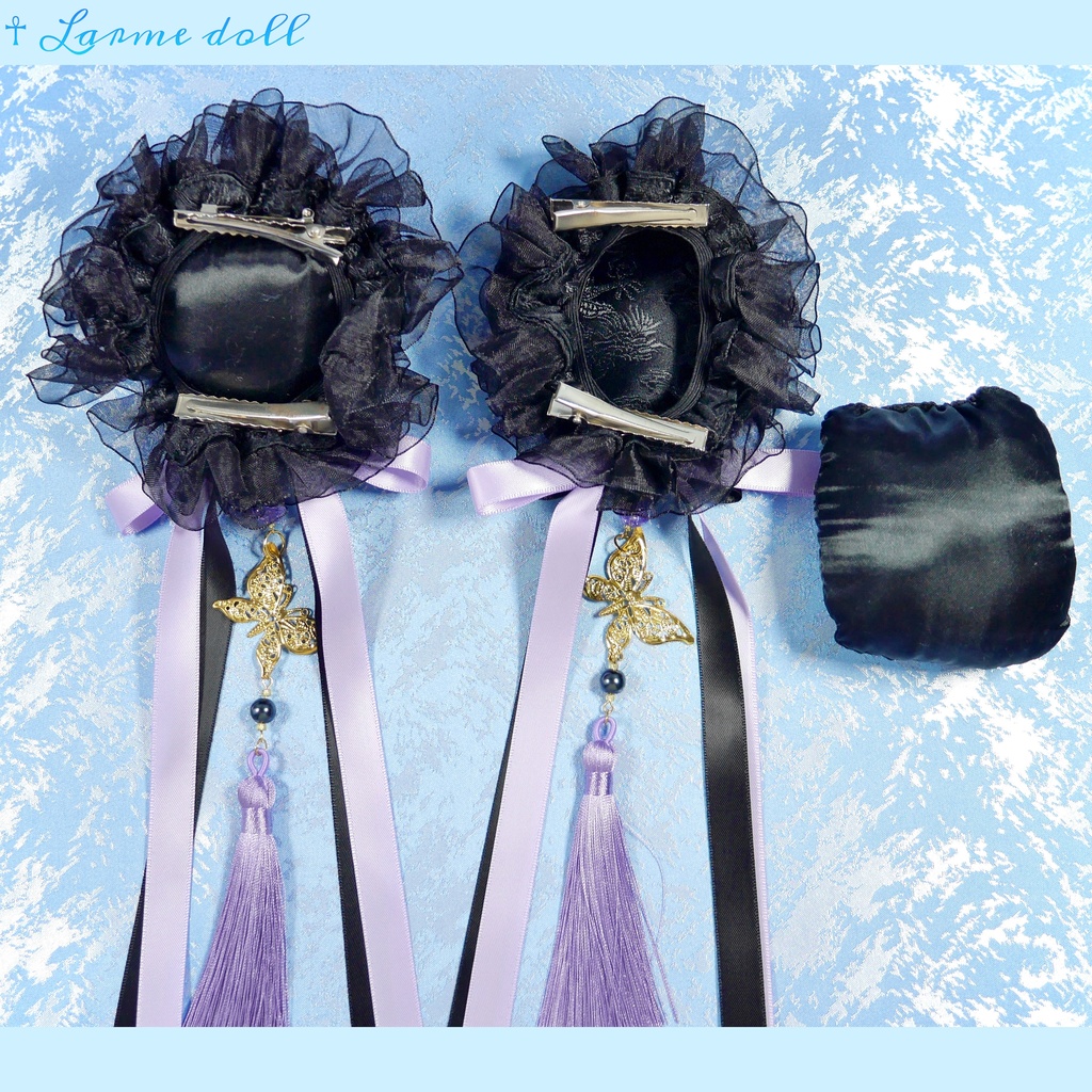 【受注生産】《☥》ダブルリボンタッセル付きお団子カバー カラー▷黒×紫(接合パーツ、蝶チャームゴールドカラーver.)
