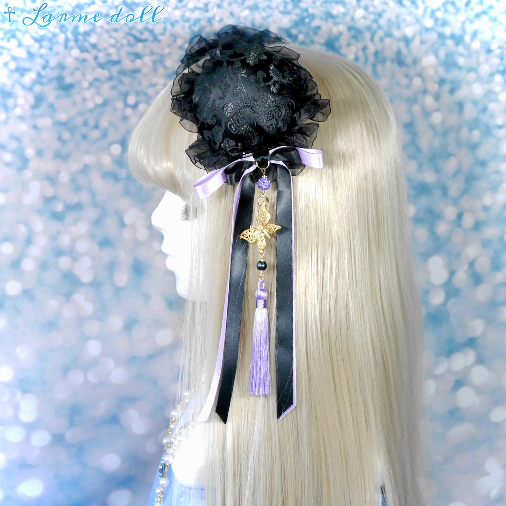 【受注生産】《☥》ダブルリボンタッセル付きお団子カバー カラー▷黒×紫(接合パーツ、蝶チャームゴールドカラーver.)