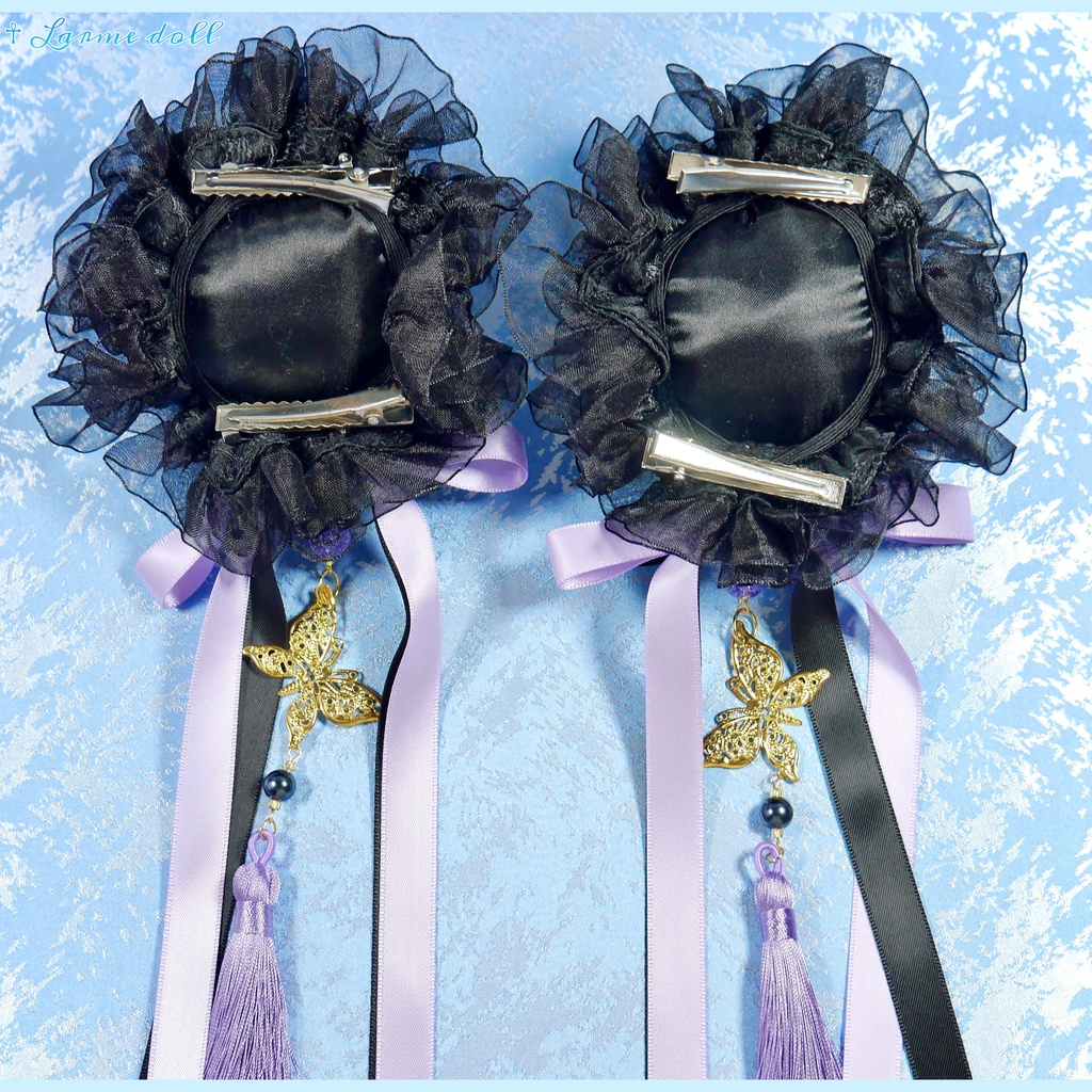 【受注生産】《☥》ダブルリボンタッセル付きお団子カバー カラー▷黒×紫(接合パーツ、蝶チャームゴールドカラーver.)