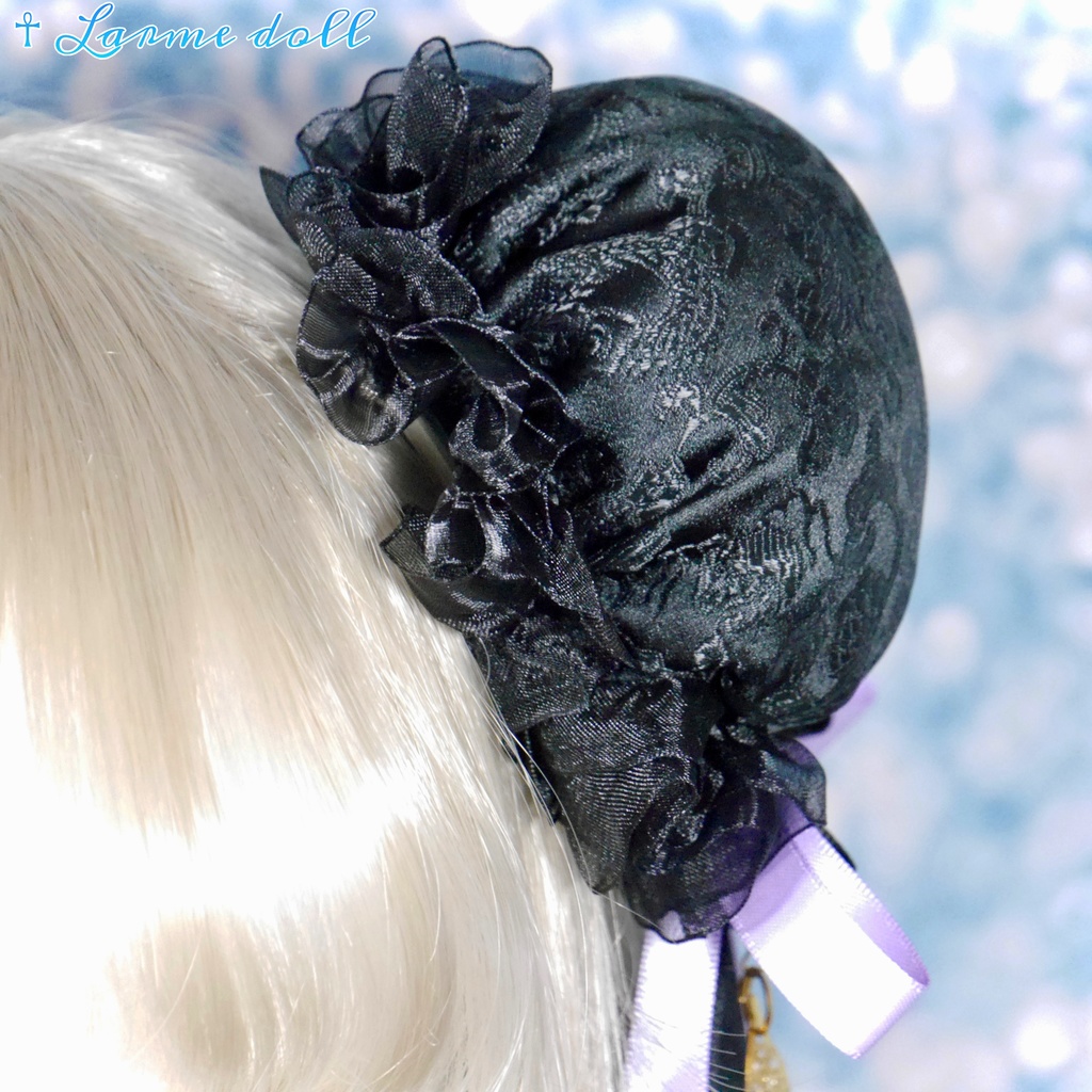 【受注生産】《☥》ダブルリボンタッセル付きお団子カバー カラー▷黒×紫(接合パーツ、蝶チャームゴールドカラーver.)