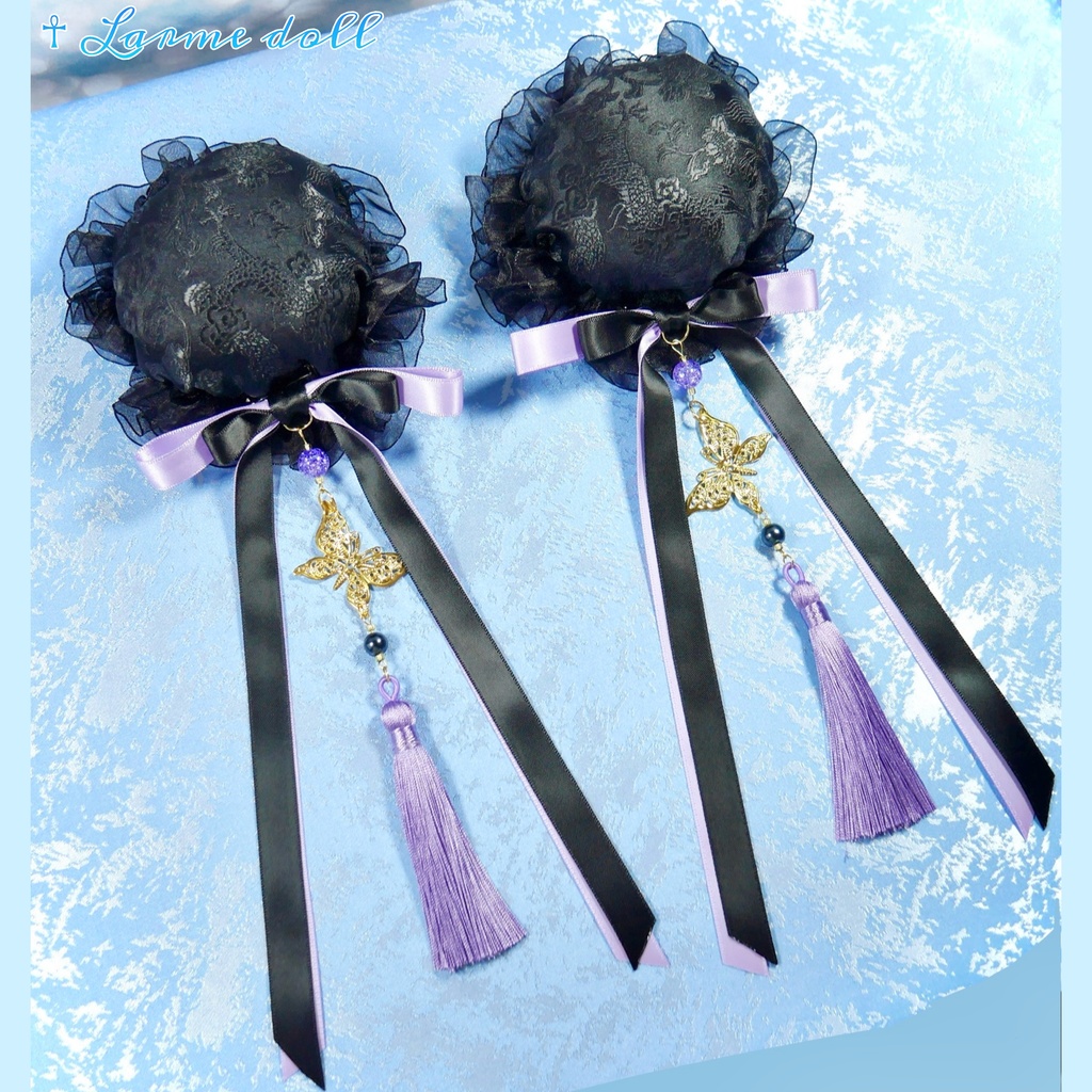 【受注生産】《☥》ダブルリボンタッセル付きお団子カバー カラー▷黒×紫(接合パーツ、蝶チャームゴールドカラーver.)