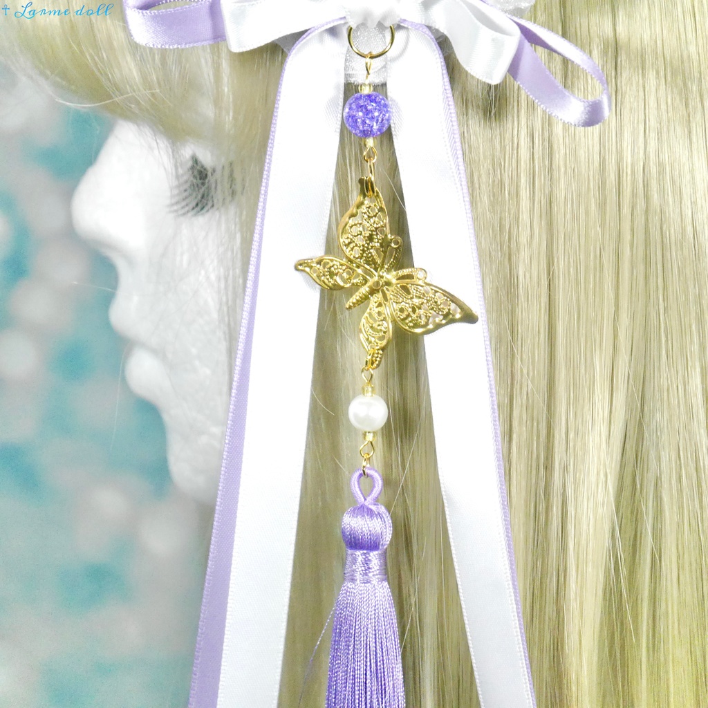 【受注生産】《☥》ダブルリボンタッセル付きお団子カバー カラー▷紫×白(接合パーツ、蝶チャームゴールドカラーver.)