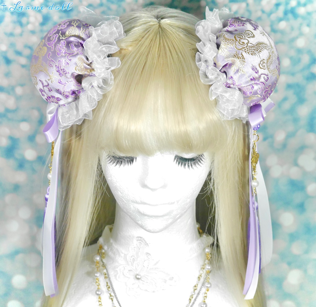 【受注生産】《☥》ダブルリボンタッセル付きお団子カバー カラー▷紫×白(接合パーツ、蝶チャームゴールドカラーver.)