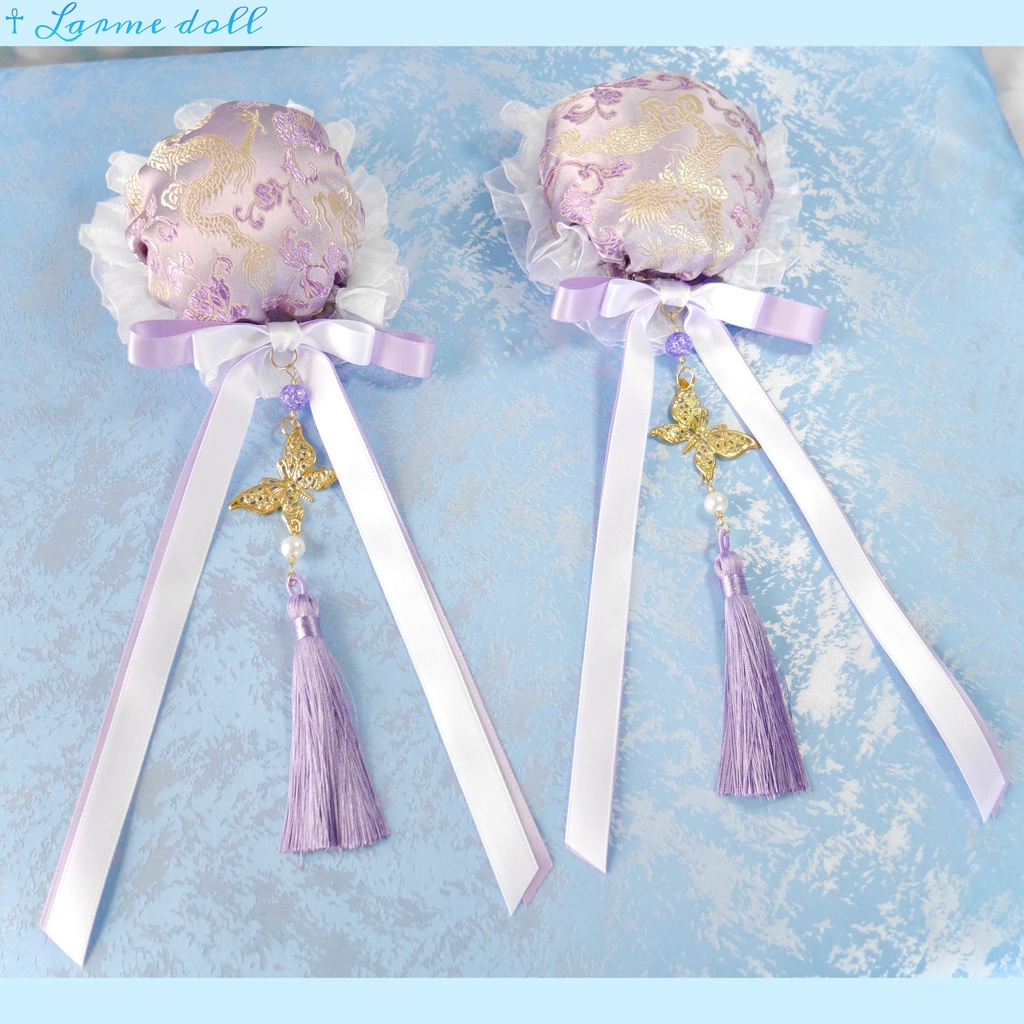【受注生産】《☥》ダブルリボンタッセル付きお団子カバー カラー▷紫×白(接合パーツ、蝶チャームゴールドカラーver.)