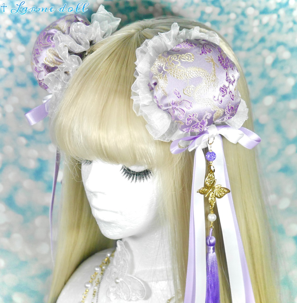 【受注生産】《☥》ダブルリボンタッセル付きお団子カバー カラー▷紫×白(接合パーツ、蝶チャームゴールドカラーver.)