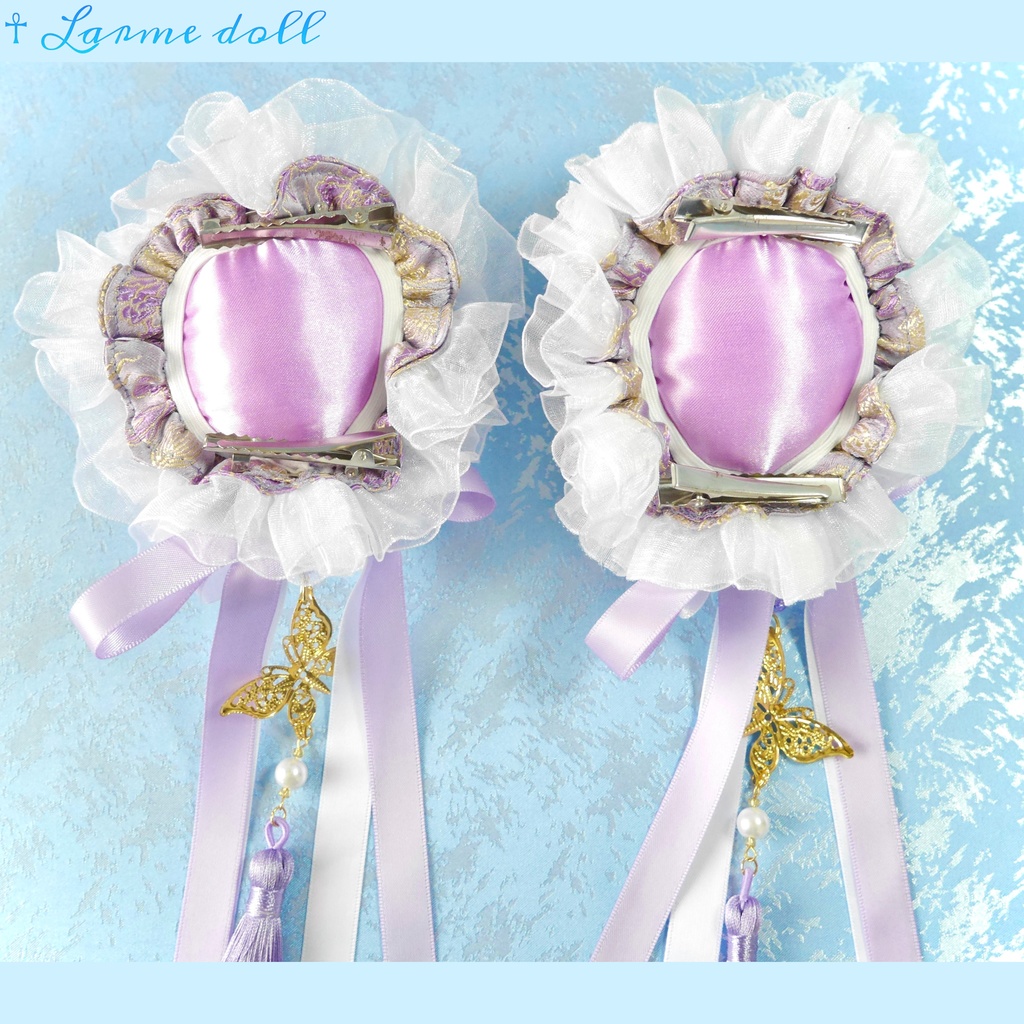 【受注生産】《☥》ダブルリボンタッセル付きお団子カバー カラー▷紫×白(接合パーツ、蝶チャームゴールドカラーver.)