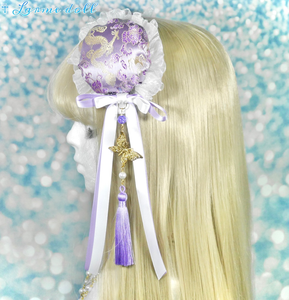 【受注生産】《☥》ダブルリボンタッセル付きお団子カバー カラー▷紫×白(接合パーツ、蝶チャームゴールドカラーver.)