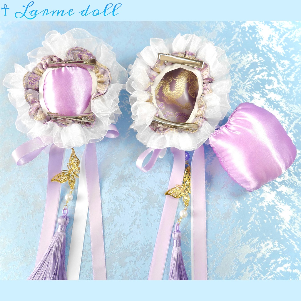 【受注生産】《☥》ダブルリボンタッセル付きお団子カバー カラー▷紫×白(接合パーツ、蝶チャームゴールドカラーver.)