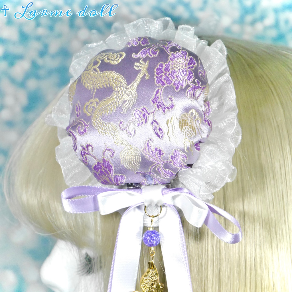 【受注生産】《☥》ダブルリボンタッセル付きお団子カバー カラー▷紫×白(接合パーツ、蝶チャームゴールドカラーver.)