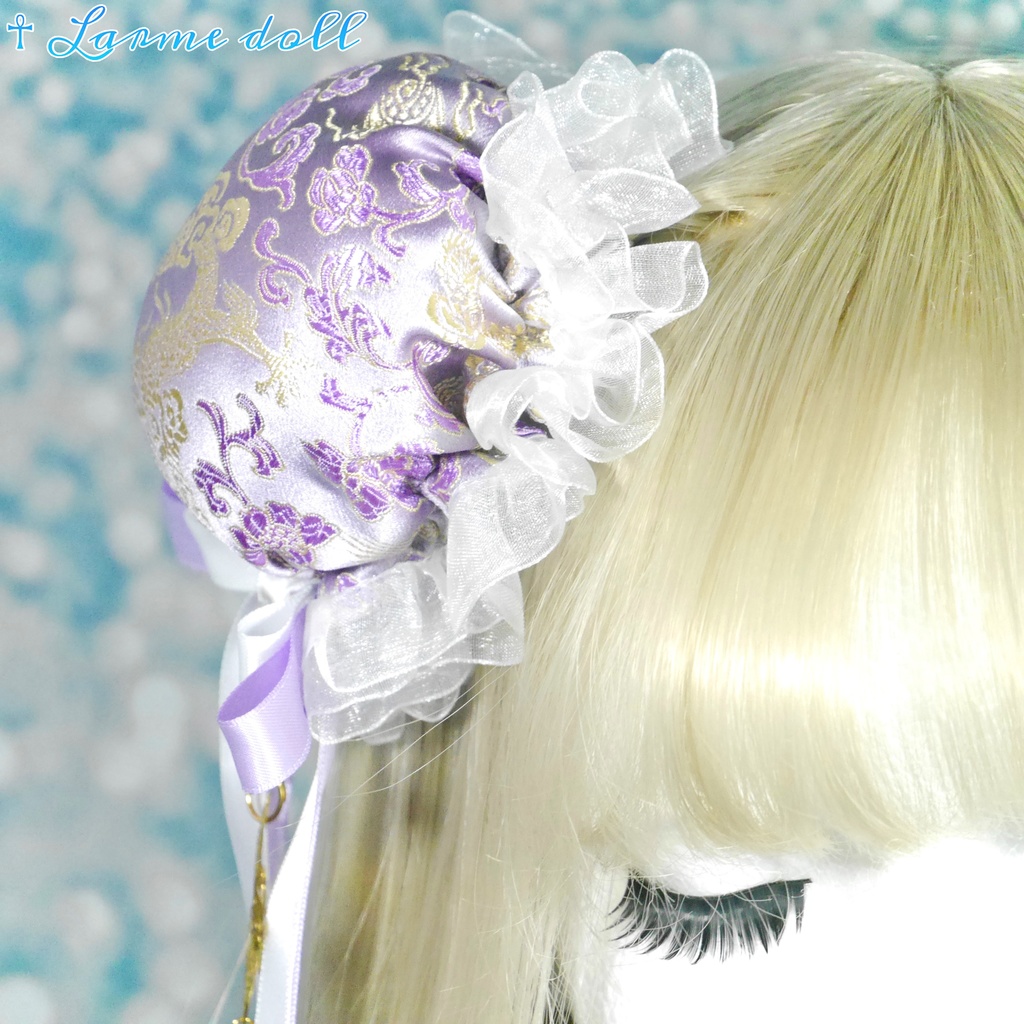 【受注生産】《☥》ダブルリボンタッセル付きお団子カバー カラー▷紫×白(接合パーツ、蝶チャームゴールドカラーver.)