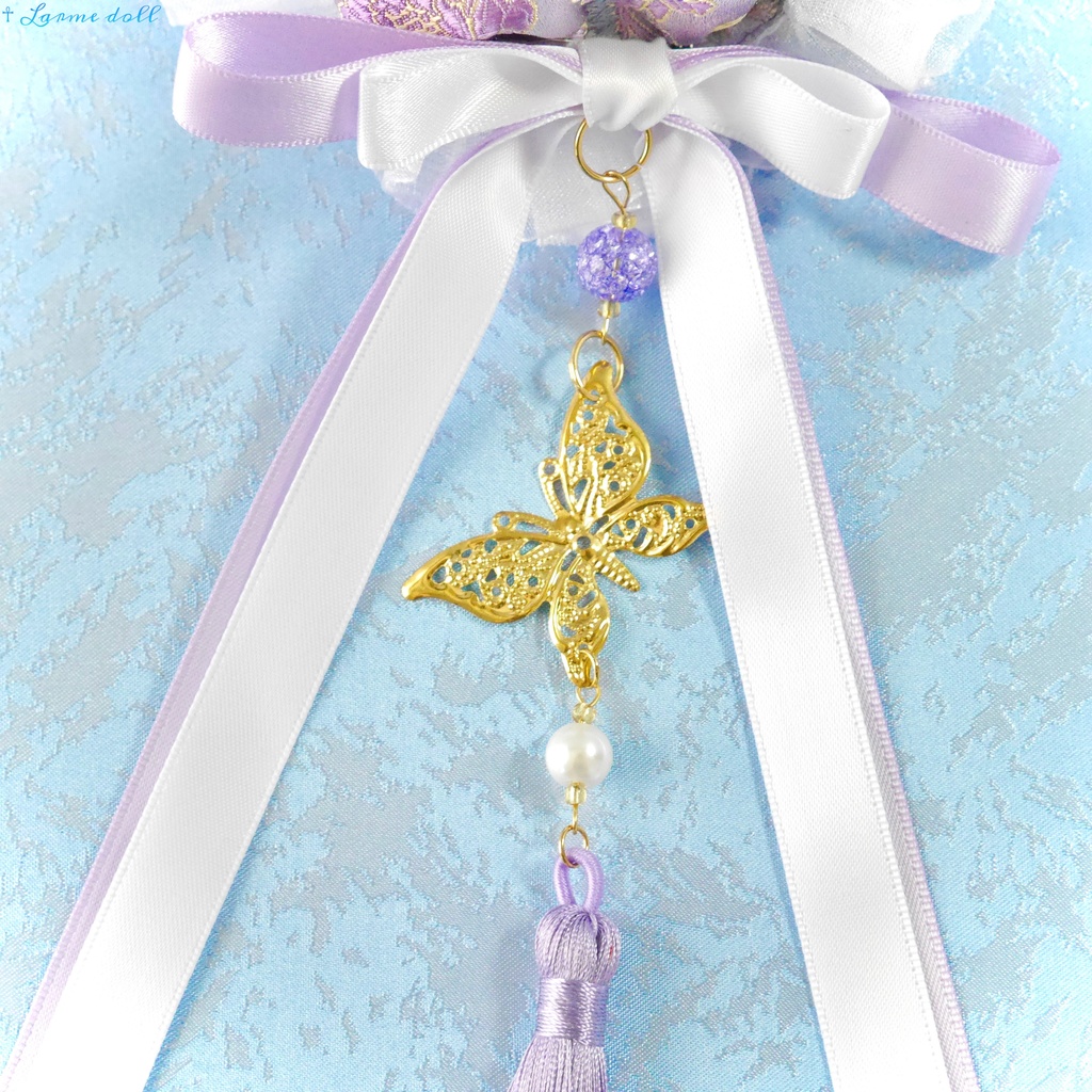 【受注生産】《☥》ダブルリボンタッセル付きお団子カバー カラー▷紫×白(接合パーツ、蝶チャームゴールドカラーver.)