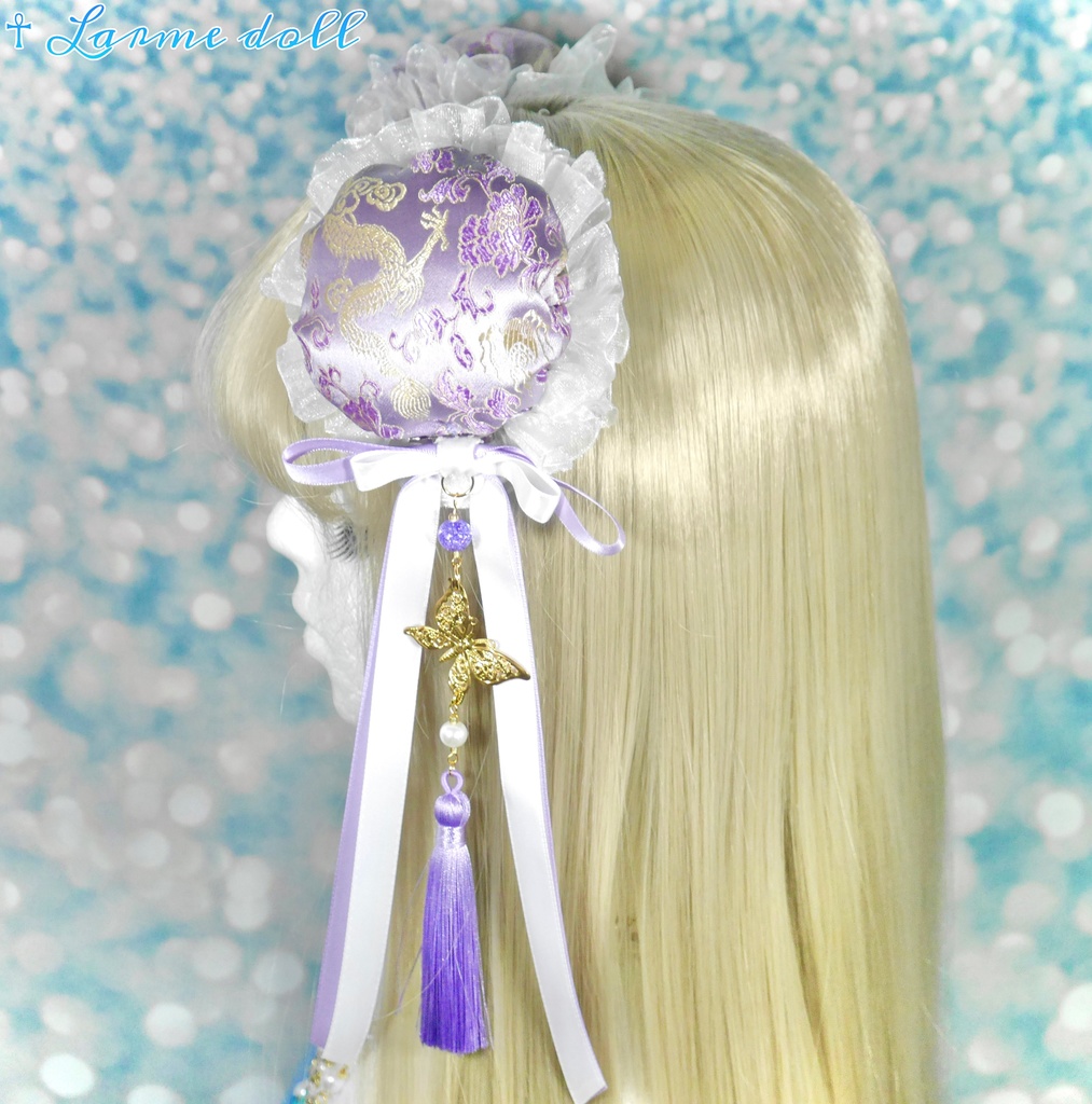 【受注生産】《☥》ダブルリボンタッセル付きお団子カバー カラー▷紫×白(接合パーツ、蝶チャームゴールドカラーver.)