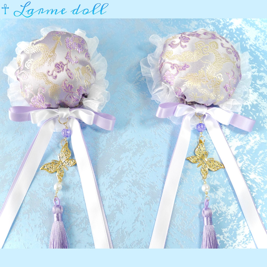 【受注生産】《☥》ダブルリボンタッセル付きお団子カバー カラー▷紫×白(接合パーツ、蝶チャームゴールドカラーver.)